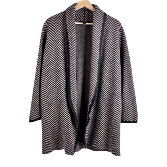 ANN TAYLOR Wool Blend Open Long Cardigan Duster in Woven Herringbone Pattern - Picture 2 of 11